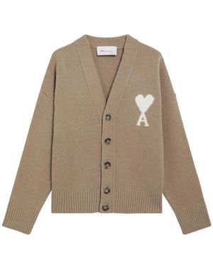 Ami Paris Truien & Vesten ,Wol Quota V Neck Cardigan - Naturel