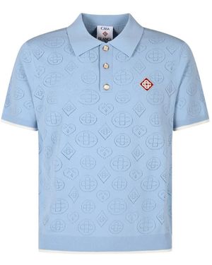 CASABLANCA Tops ,Blauw ,Katoen Pointelle Monogram Short Sleeve Polo Shirt