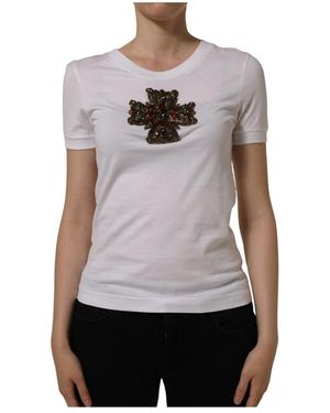 Dolce & Gabbana Tops ,Wit ,Katoen T-Shirt Met Swarovski-Kruis - Grijs