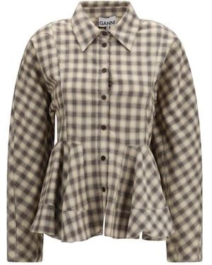 Ganni Overhemden ,Veelkleurig ,Katoen Ruit Flanellen Peplum Shirt - Bruin