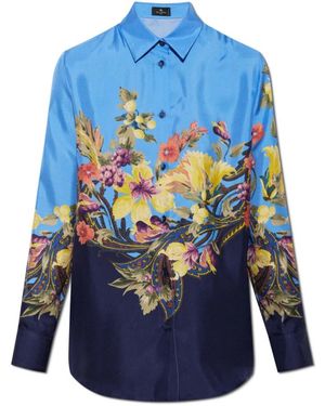 Etro Overhemden ,Veelkleurig ,Zijden Twill Blouse Met Bloemrijk Paisley Motief - Blauw