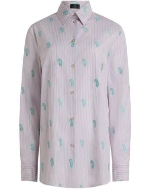 Etro Overhemden ,Veelkleurig ,Katoen Gestreept Overhemd Met Paisley-Details - Blauw