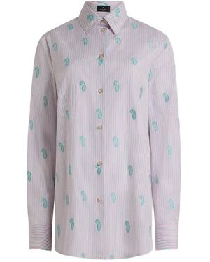Etro Overhemden ,Veelkleurig ,Katoen Gestreept Overhemd Met Paisley-Details - Blauw