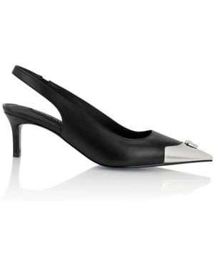 Philipp Plein Schoenen ,Zwart ,Leer Skull Strass Slingback Pumps