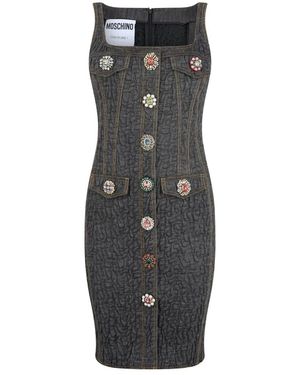 Moschino Kleedjes ,Grijs ,Katoen Fitted Dress With Jewel Buttons - Zwart
