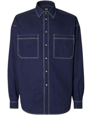 Fendi Overhemden ,Blauw ,Katoen Katoenen Overhemd Met Contrasterende Stiksels