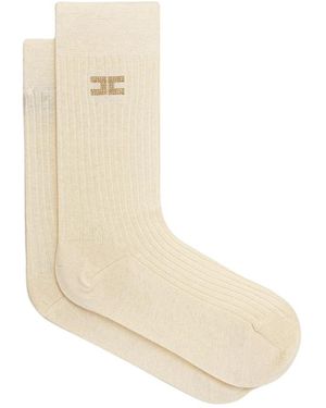 Elisabetta Franchi Ribbed Cotton Socks With Logo - Naturel