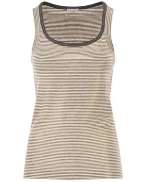 Brunello Cucinelli Tops ,Linnen Gestreepte Linnen Lamé Jersey Top - Bruin