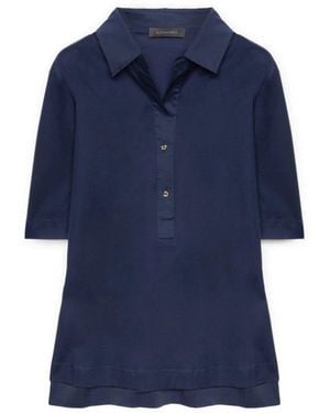 Elena Miro Tops ,Blauw ,Katoen Satin Kraag T-Shirt Korte Mouw