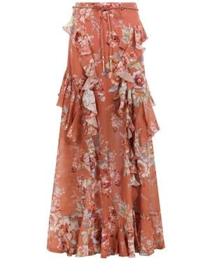 Zimmermann Rust Floral Ruffled Maxi Skirt - Rood
