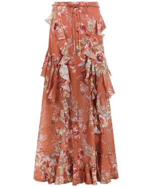 Zimmermann Rust Floral Ruffled Maxi Skirt - Rood