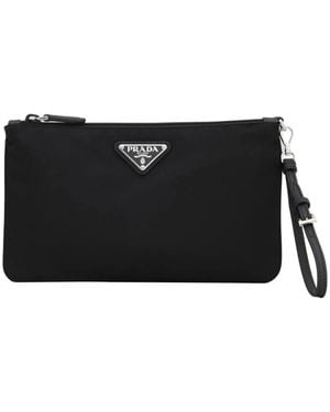 Prada Nylon Polsclutch Met Logo Plaque - Zwart