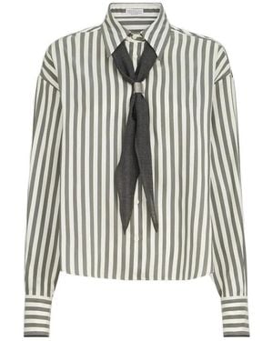 Brunello Cucinelli Gestreept Overhemd Van Zijdepopeline Met Foulard Van Scheerwol - Groen