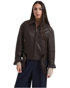 Weekend by Maxmara Bruine Leren Jas Klassieke Rits Riem - Zwart
