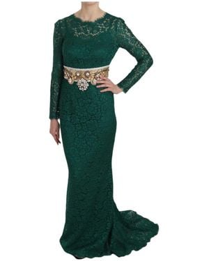 Dolce & Gabbana Crystal Gold Belt Lace Sheath Gown Dress - Green