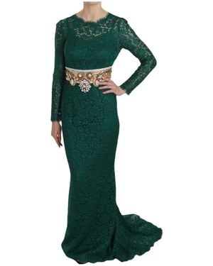 Dolce & Gabbana Crystal Gold Belt Lace Schede Jurk - Groen