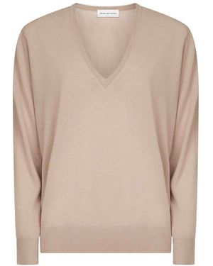 Dries Van Noten V-Ausschnitt Beiger Pullover Merinowolle - Natur