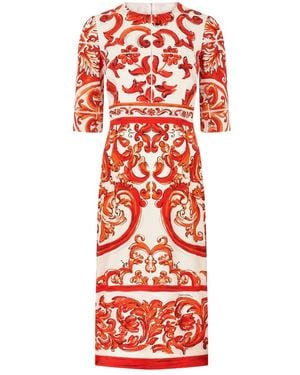 Dolce & Gabbana Kleedjes ,Rood ,Leer Floral-Print Satin Midi Jurk