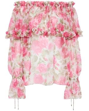 Chloé Overhemden ,Roze ,Off-Shoulder Floral Silk Blouse