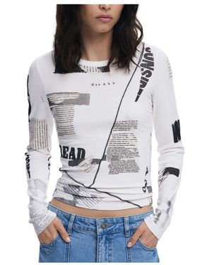 Desigual Geripptes Zeitungs-T-Shirt - Grau