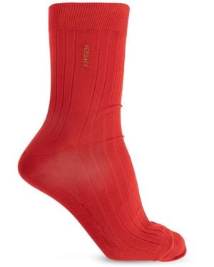 Versace Geborduurde Geribbelde Katoenen Sokken - Rood