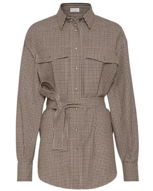 Brunello Cucinelli Bruin Geruit Patroon Shirt Met Zakken - Grijs