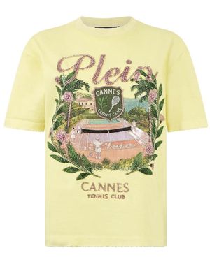 Philipp Plein Tops ,Geel ,Washed Fit T-Shirt Cannes Tennis Club