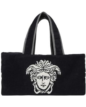Versace Tassen ,Blauw ,Katoen Katoenen Terry Jacquard Tote - Zwart