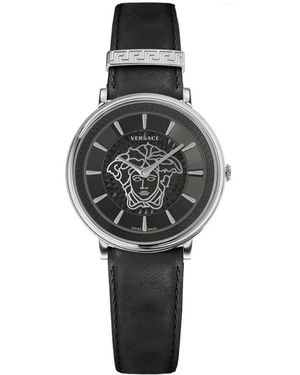 Versace V Circle Lederarmbanduhr - Grau