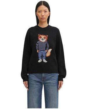 Maison Kitsuné Truien & Vesten ,Zwart ,Wol Dressed Fox Intarsia Sweater