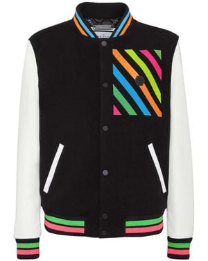Philipp Plein Jassen ,Zwart ,Wol Wool And Nappa Varsity Jacket