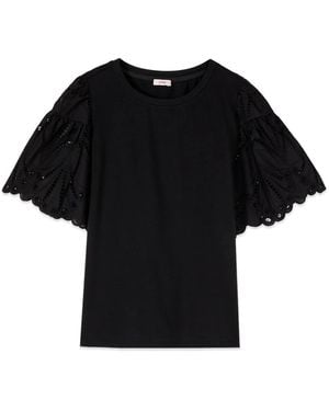 Oltre Tops ,Zwart ,Katoen T-Shirt Met Broderie Anglaise Mouwen