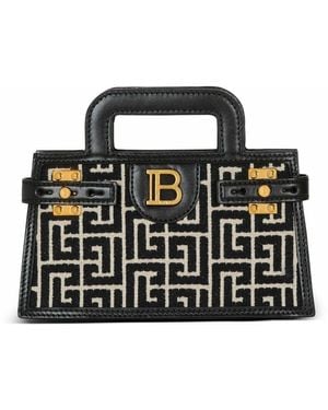 Balmain Kleine Tasche B-Buzz Top Handle Aus Canvas Mit Monogramm-Muster Und Leder - Schwarz