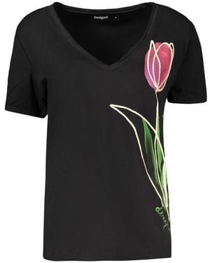 Desigual Tulpen-V-Ausschnitt-T-Shirt Mit Kurzen Ärmeln - Schwarz