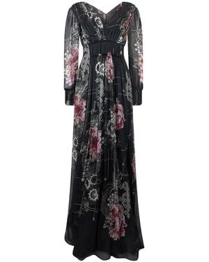 Alberta Ferretti Kleedjes ,Veelkleurig ,Leer Elegante Lange Jurk Met Levendige Bloemenprints - Zwart