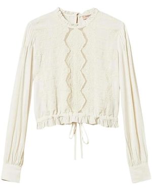 Twinset Overhemden ,Wit ,Blouse Met Borduursel En Ruches Aan De Onderkant Ronde Hals