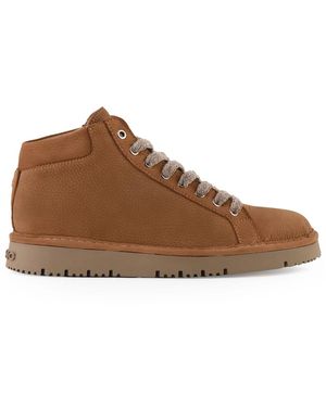 Pànchic Bruine Leren Enkellaarsjes Met Chenille Veters