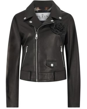 Philipp Plein Jassen ,Zwart ,Leer Oversize Biker Jacket Flower
