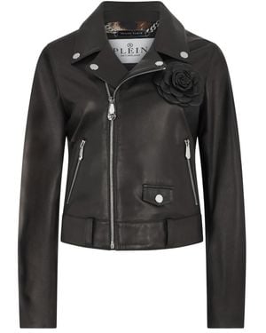 Philipp Plein Oversize Biker Jacket Flower - Schwarz