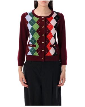 Ganni Karierte Wollstrickjacke Tawny Port - Rot