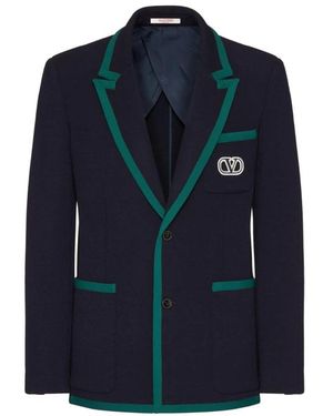 Valentino Kostuums ,Blauw ,Wol Enkelrijige Blazer Van Lana Stretch Met Vlogo Signature Patch