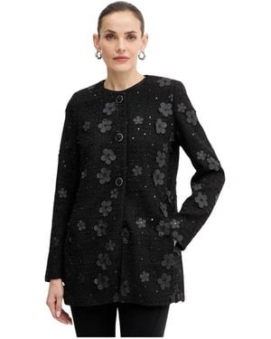 Twinset Jassen ,Zwart ,Leer Bouclé Jas Met Applicaties