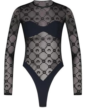 Marine Serre Tops ,Zwart ,Tweed Moonogram Mesh Flock Bodysuit T-Shirt