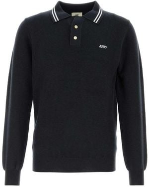Autry Tops ,Zwart ,Gebreid Poloshirt Met Gestreepte Kraag - Blauw
