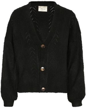 Cream Zwarte Gebreide Cardigan Met Pofmouwen