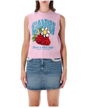 Ganni Jassen ,Roze ,Wol Vest Met Aardbei - Blauw