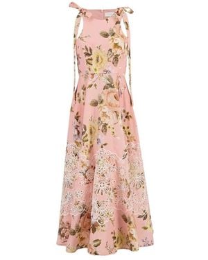 Zimmermann Blumiges Broderie Midi Kleid Rosa - Pink