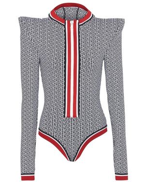 Balmain Tops ,Veelkleurig ,Polyester Gebreide Bodysuit Met Capuchon En Monogram - Blauw