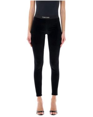 Tom Ford Broeken ,Zwart ,Polyester Zwarte Velours Legging Met Elastische Tailleband - Blauw