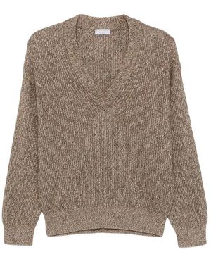Brunello Cucinelli Truien & Vesten ,Bruin ,Wol Ribbed V-Neck Sweater